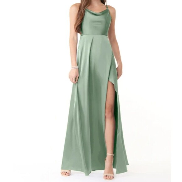 NWT Azazie Naomie Agave A-Line Cowl Neckline Side Slit Stretch Satin Dress, A14 - Picture 1 of 12